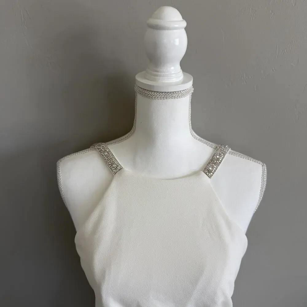 Betsy & Adam Woman’s Sz 6 White Mermaid Dress Silver Beaded Straps Cinched Waist